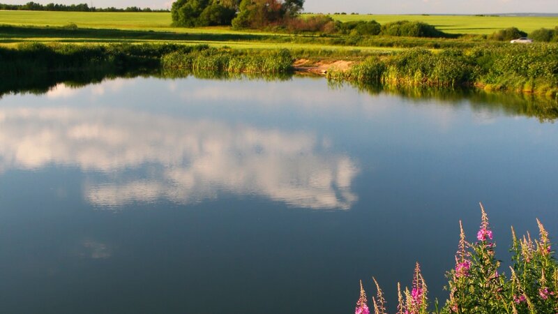 Calm lake reflecting clouds