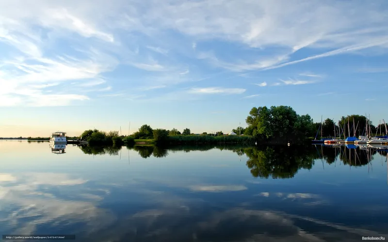 Calm lake with boats and trees