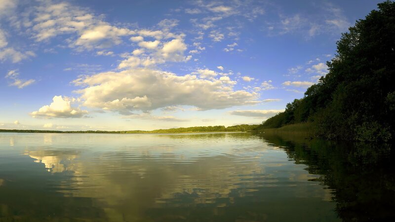 Calm Lake with Clouds — Blue, Serene, Afternoon, Photograph, Sky, Trees, Green