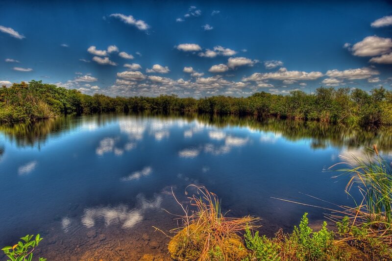 Calm Lake with Clouds — Blue, Serene, Afternoon