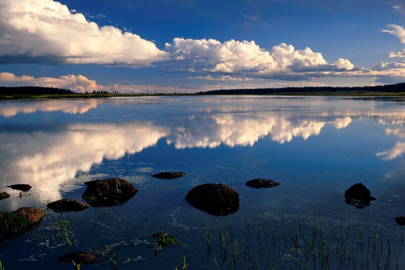 Calm Lake with Clouds — Blue, Serene