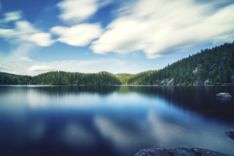 Calm Lake with Forest — Blue, Serene, Afternoon, Photograph, Sky