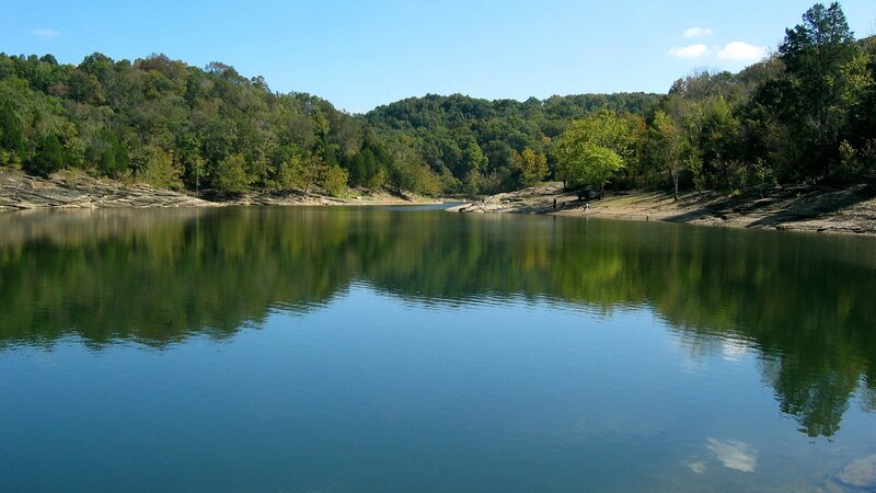 Calm Lake with Forest — Blue, Serene, Afternoon, Photograph, Trees, Hills