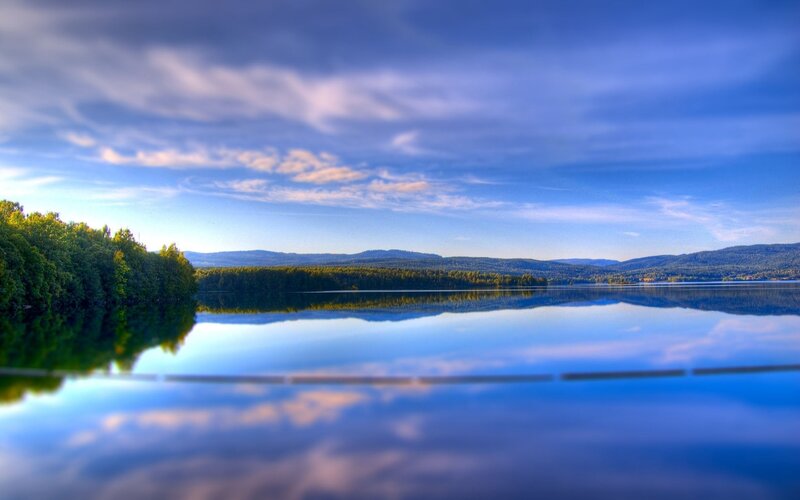 Calm Lake with Forest — Blue, Serene, Morning, Photograph, Mountains, Sky