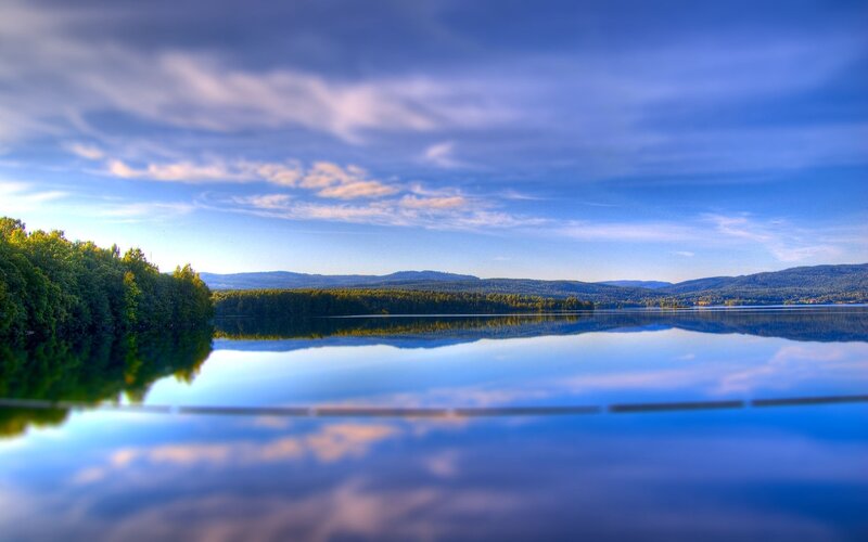 Calm Lake with Forest — Blue, Serene, Morning, Photograph, Mountains