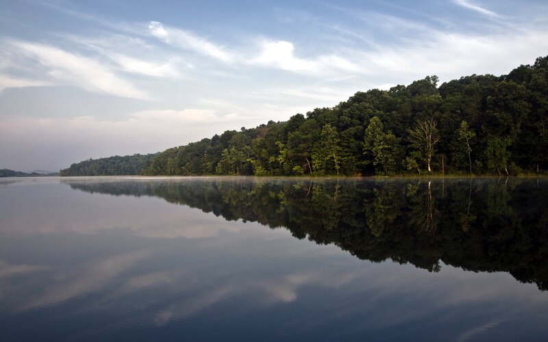 Calm Lake with Forest — Blue, Serene, Morning, Photograph, Sky