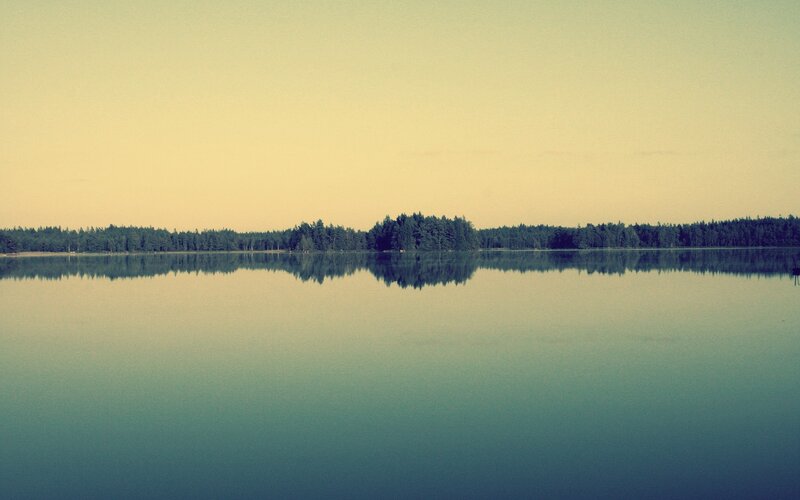 Calm Lake with Forest — Blue, Serene, Sunset, Photograph