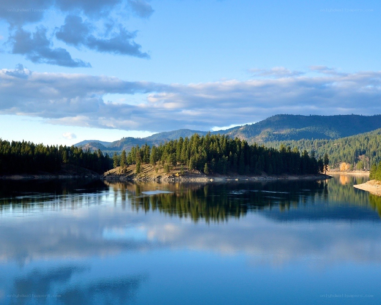 Calm lake with forested hills
