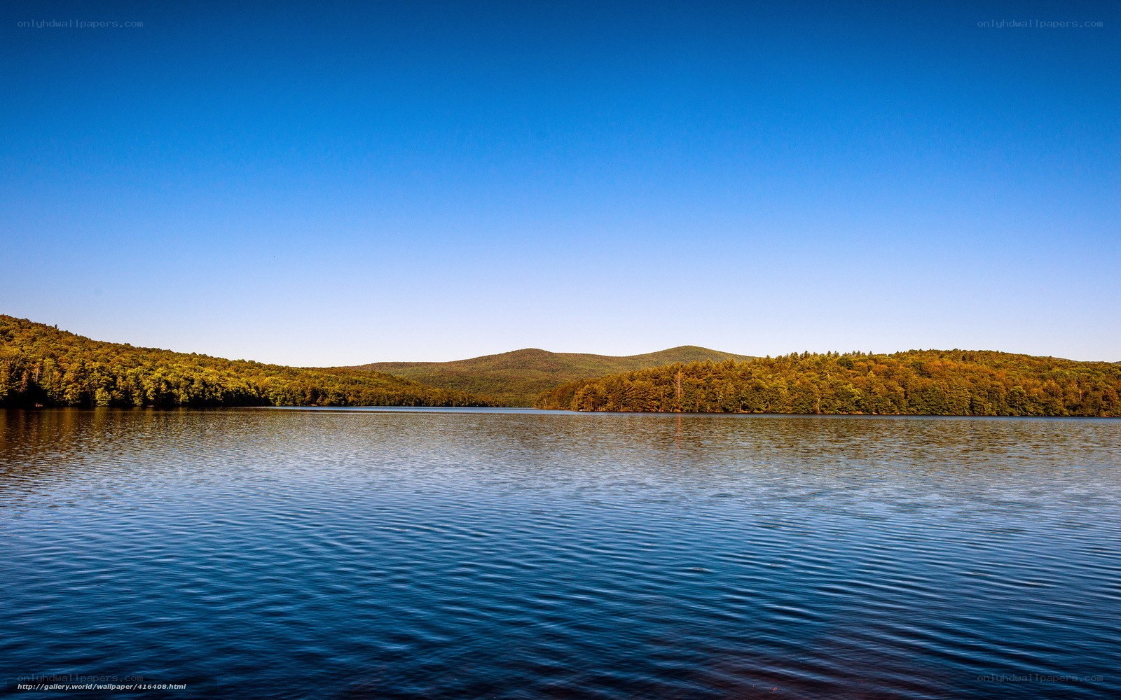 Calm lake with forested hills