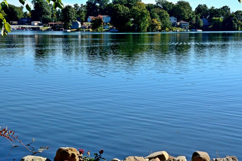 Calm Lake with Houses — Blue, Serene