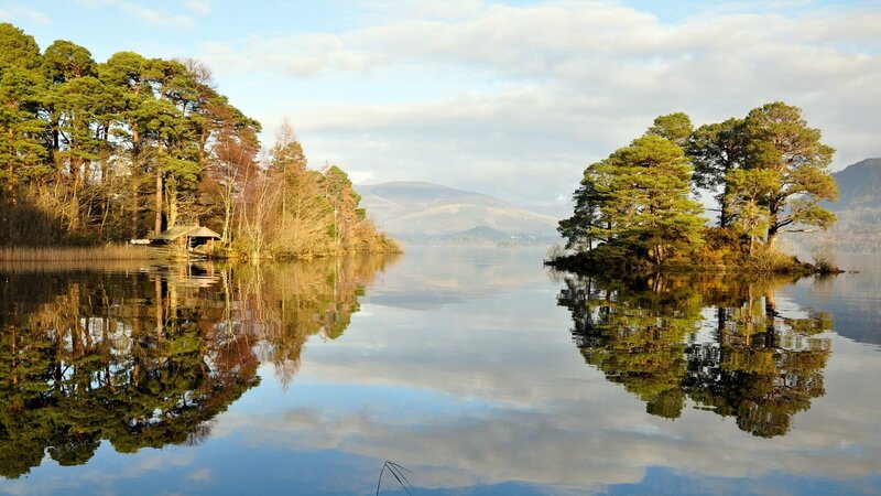 Calm lake with island reflection
