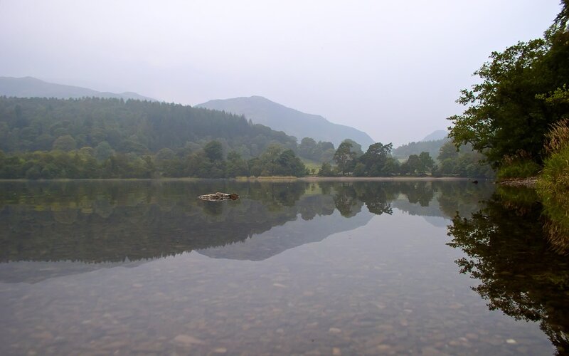 calm lake with mountain reflection