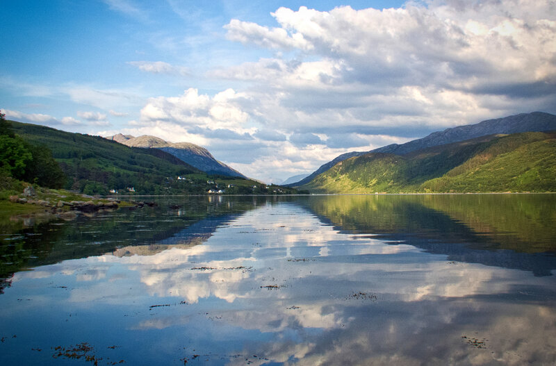 Calm Lake with Mountains — Blue, Serene, Afternoon, Photograph, Clouds, Trees