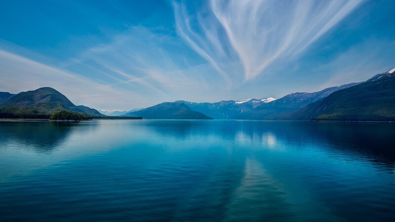 Calm Lake with Mountains — Blue, Serene, Afternoon, Photograph, Sky