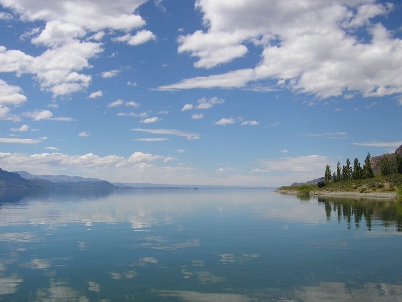 Calm Lake with Mountains — Blue, Serene, Afternoon, Photograph, Trees, Clouds