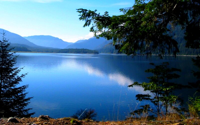 Calm Lake with Mountains — Blue, Serene, Afternoon, Photograph, Trees, Sky