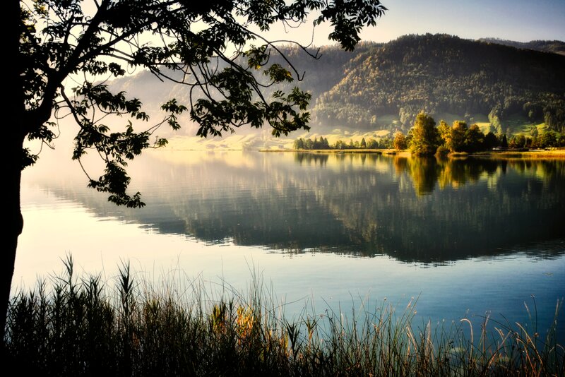Calm Lake with Mountains — Blue, Serene, Morning, Photograph
