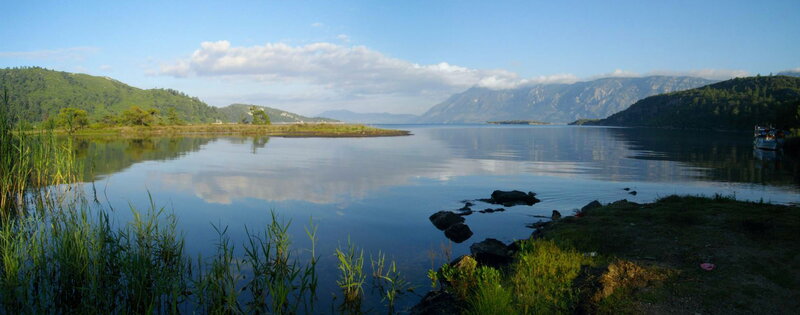 Calm Lake with Mountains — Blue, Serene, Morning