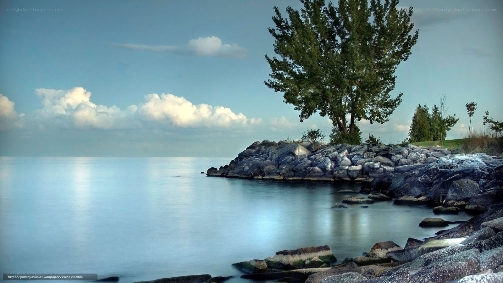 Calm lake with rocky shore