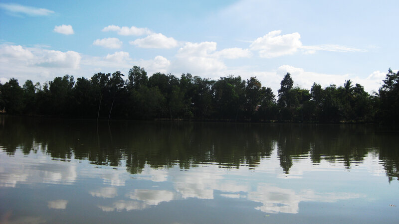 Calm Lake with Trees — Blue, Serene, Afternoon, Photograph, Sky, Clouds, Green