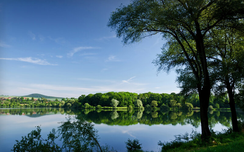 Calm Lake with Trees — Blue, Serene, Afternoon, Photograph, Sky, Hills