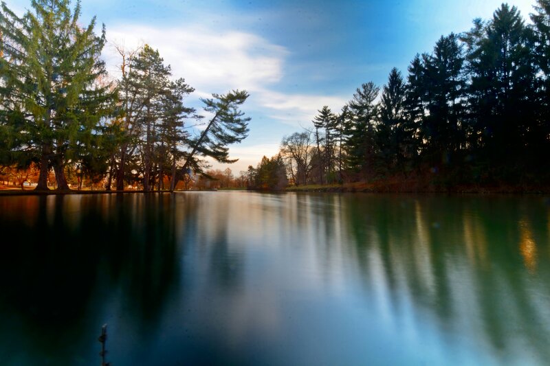 Calm Lake with Trees — Blue, Serene, Sunset, Photograph, Sky