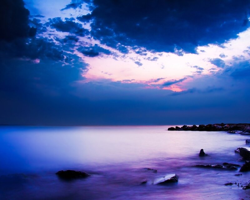 Calm Sea at Dusk — Blue, Serene, Sunset, Photograph, Clouds