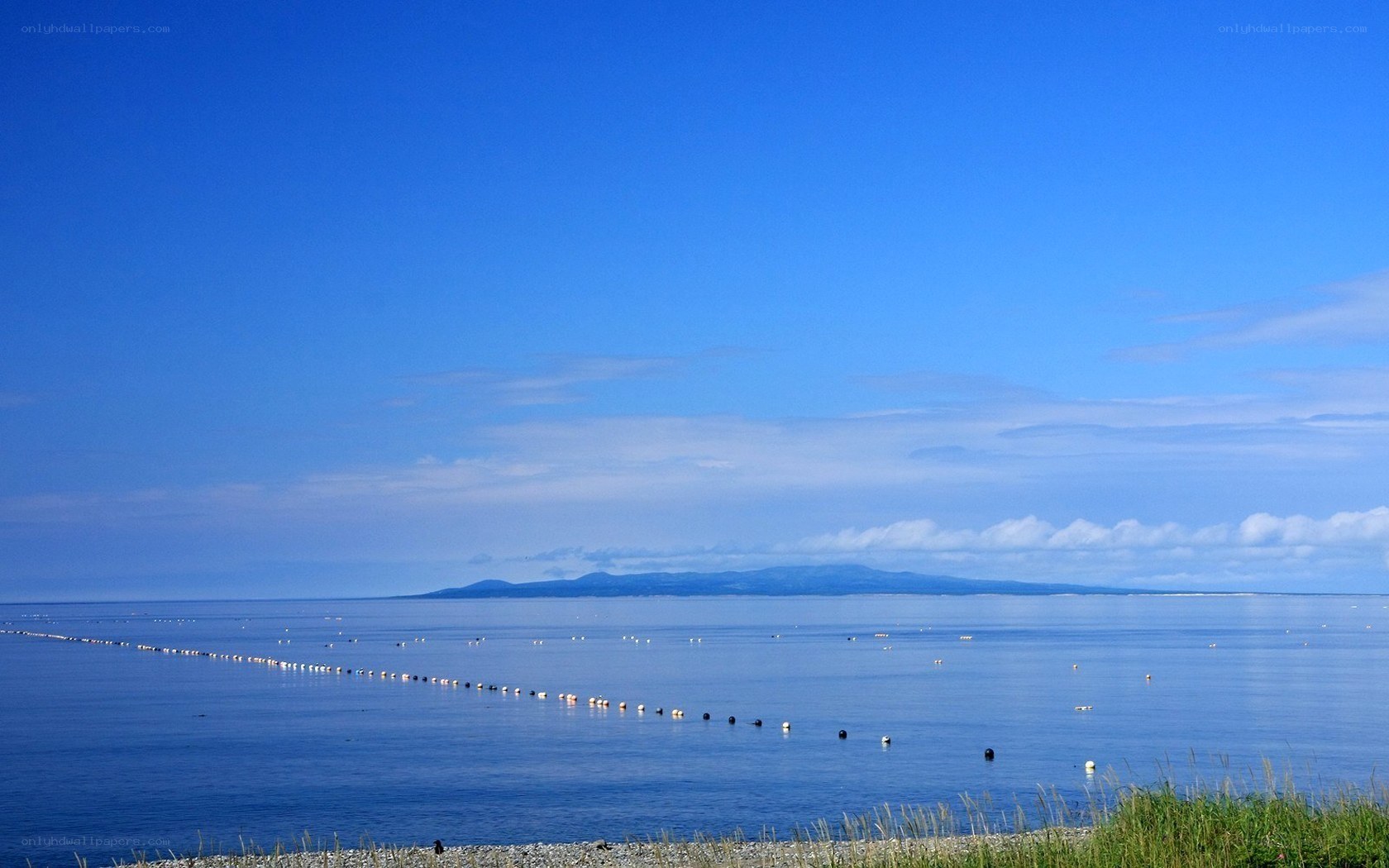 calm sea with distant island