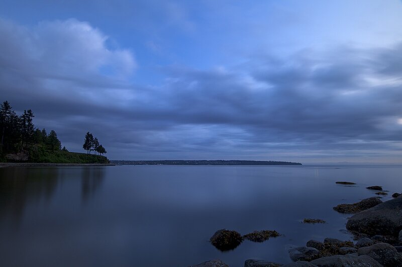 Calm Water at Dusk — Blue, Serene, Night