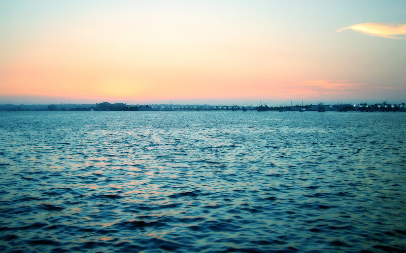 Calm Water at Sunset — Blue, Serene, Photograph, Sky, Cityscape
