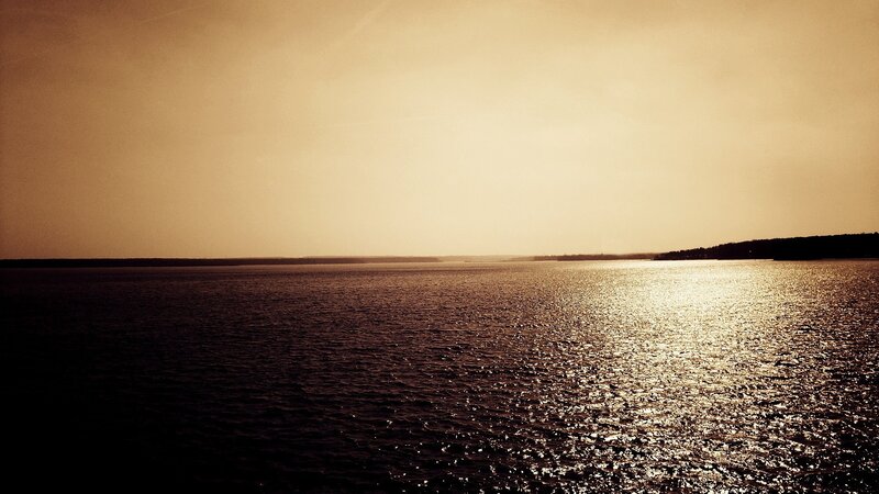 Calm Water at Sunset — Brown, Serene, Photograph, Sky, Horizon, Trees