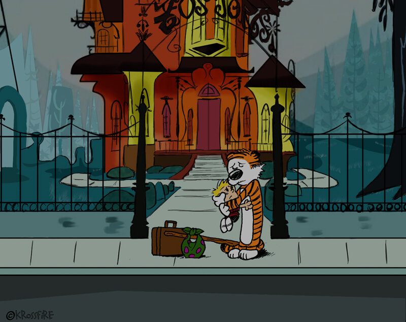 Calvin and Hobbes at a haunted house
