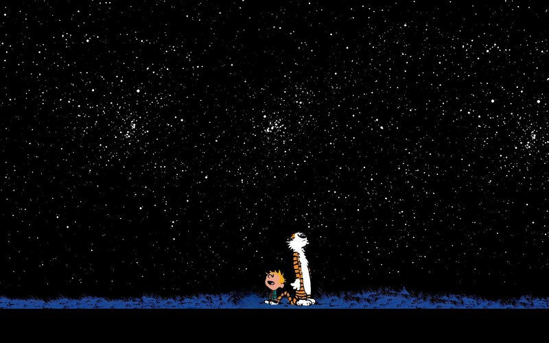 Calvin and Hobbes — Black, Serene, Night, Comic, Stars, Night Sky, White