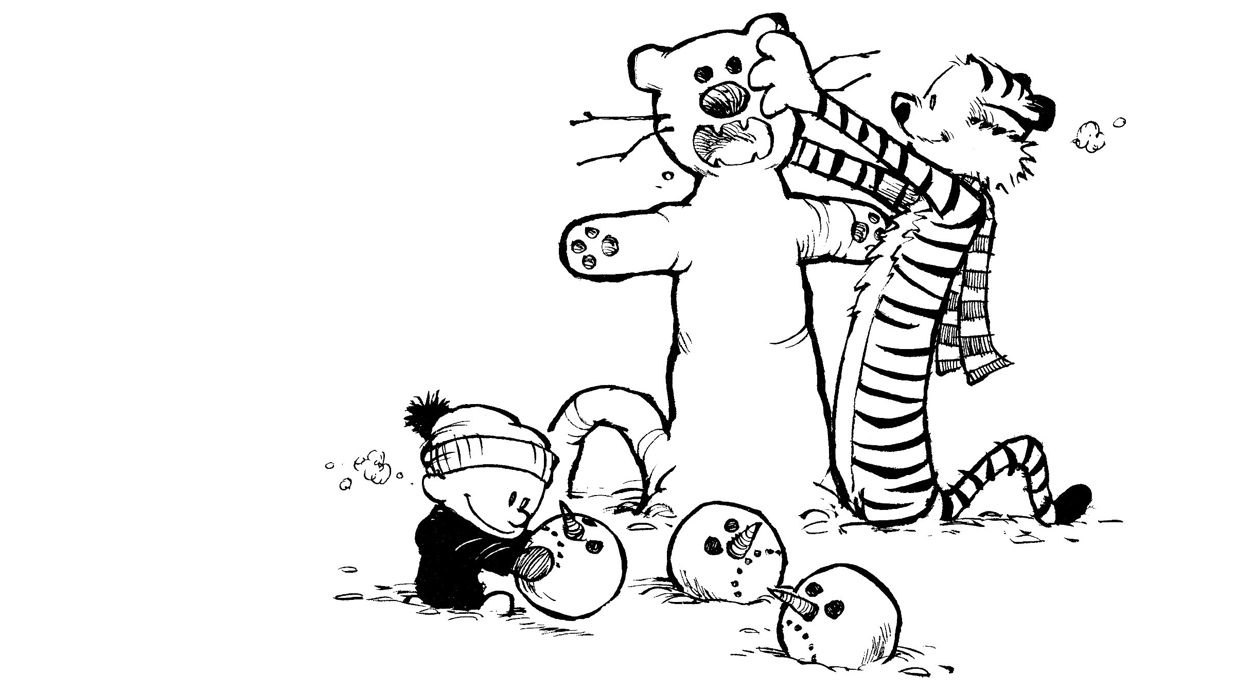 Calvin and Hobbes building snowmen
