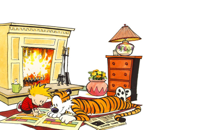 Calvin and Hobbes by fireplace
