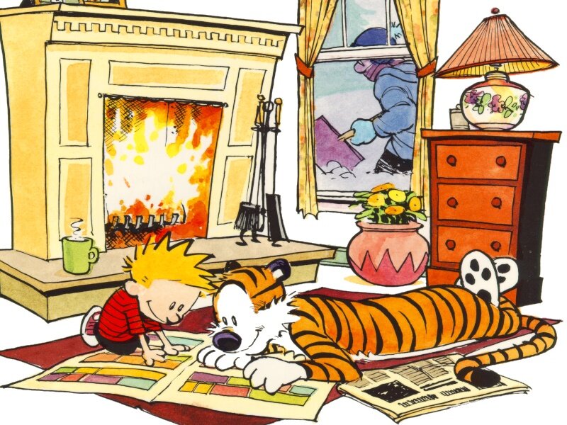 Calvin and Hobbes by the fire