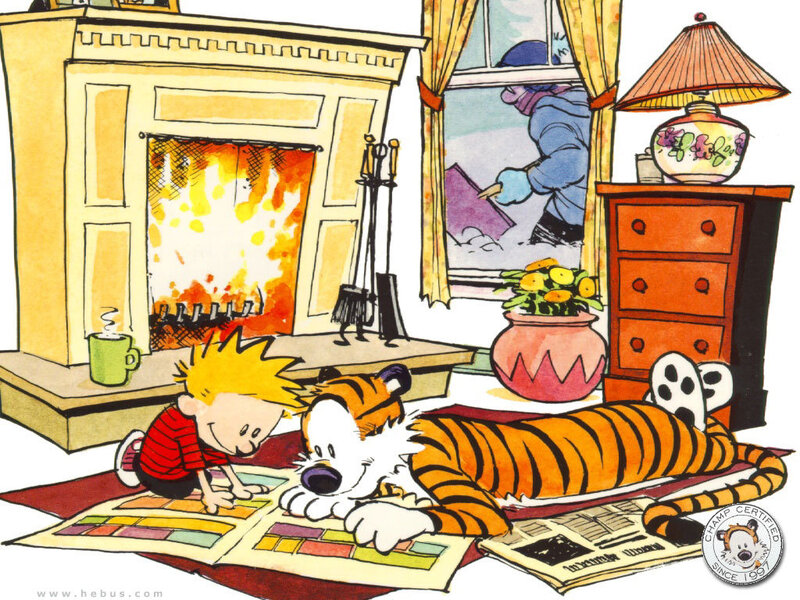 Calvin and Hobbes by the fire