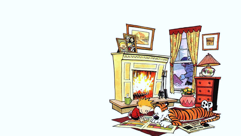 Calvin and Hobbes by the fireplace