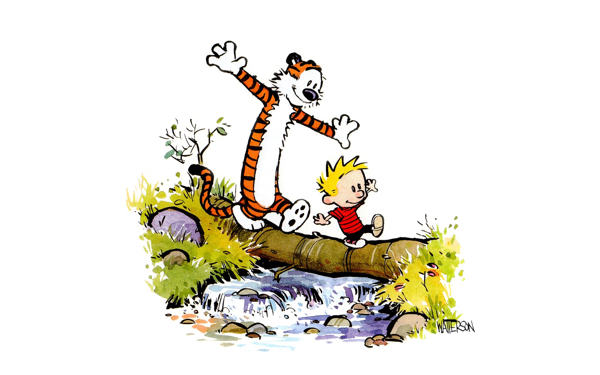 Calvin and Hobbes crossing a stream