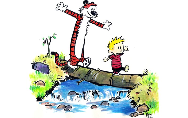 Calvin and Hobbes crossing a stream