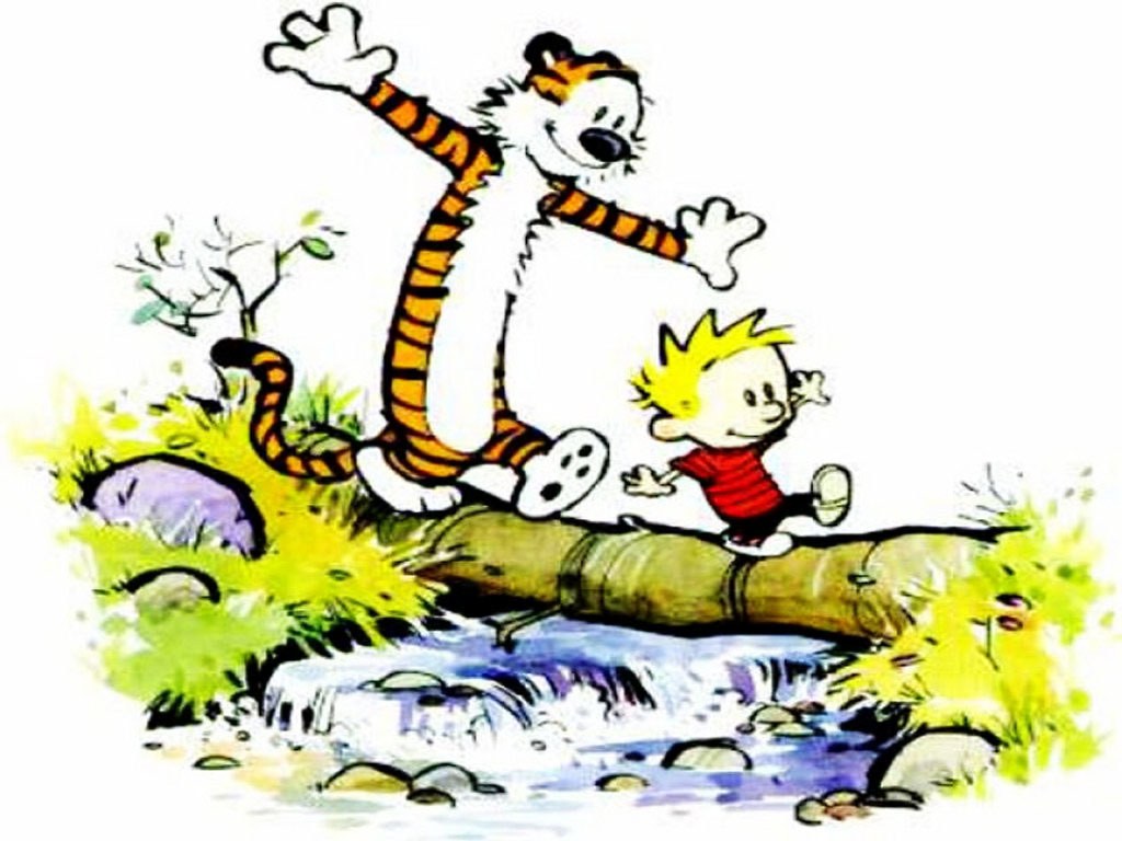 Calvin and Hobbes crossing a stream