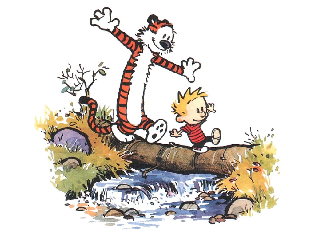 Calvin and Hobbes crossing a stream