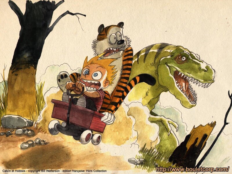 Calvin and Hobbes flee dinosaur