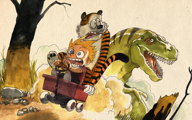 Calvin and Hobbes flee dinosaur