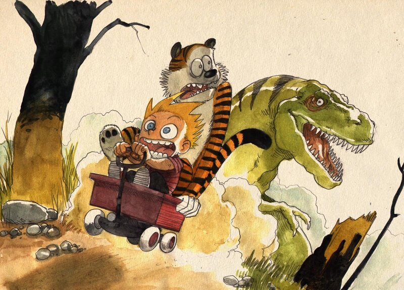 Calvin and Hobbes flee dinosaur