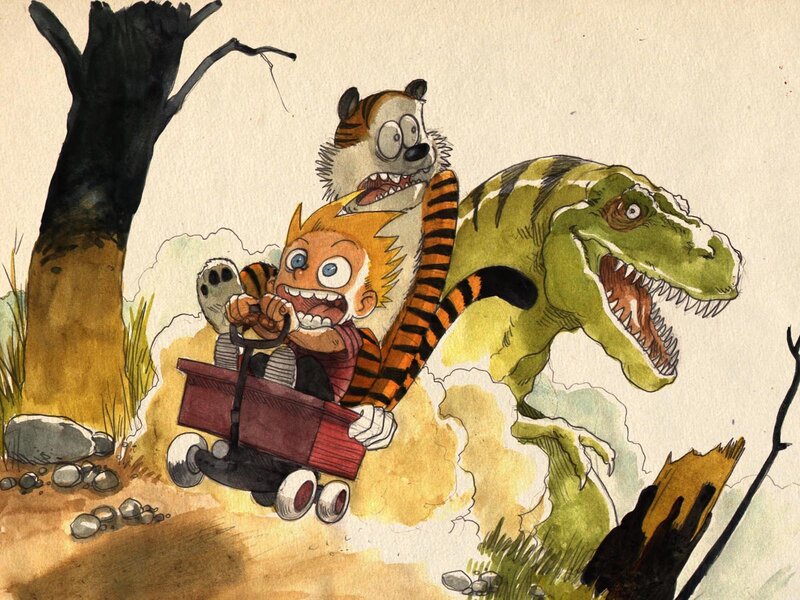Calvin and Hobbes flee dinosaur