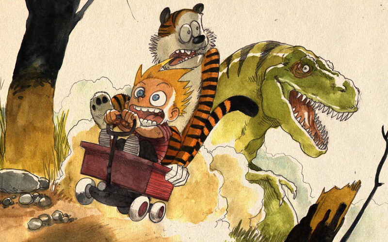 Calvin and Hobbes flee dinosaur