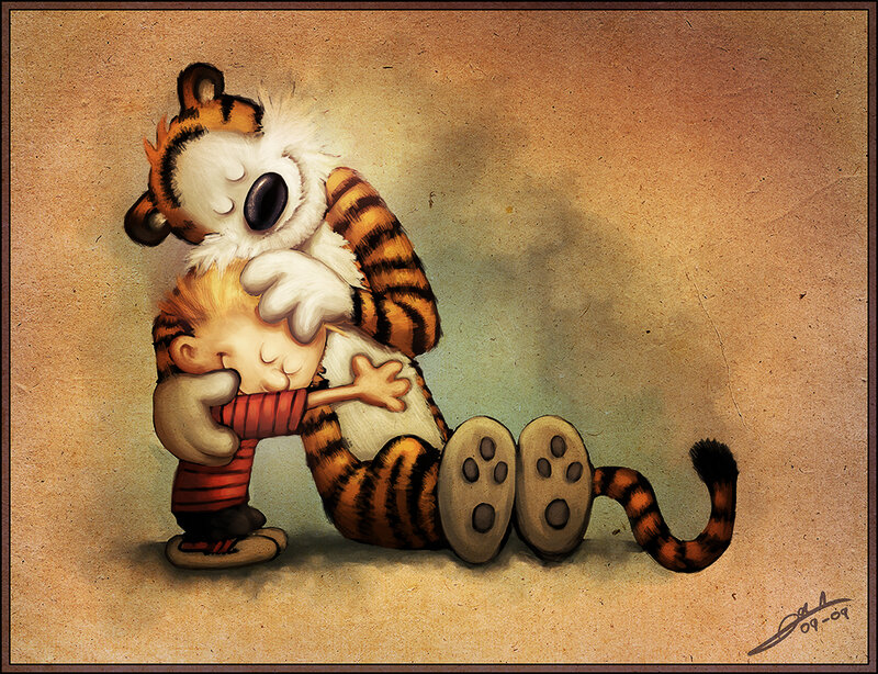 Calvin and Hobbes hug