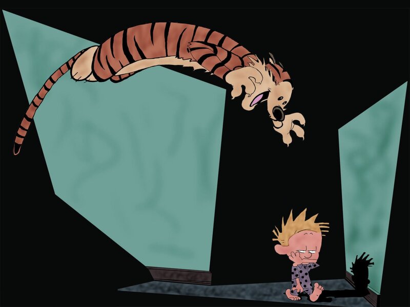 Calvin and Hobbes in a dark room