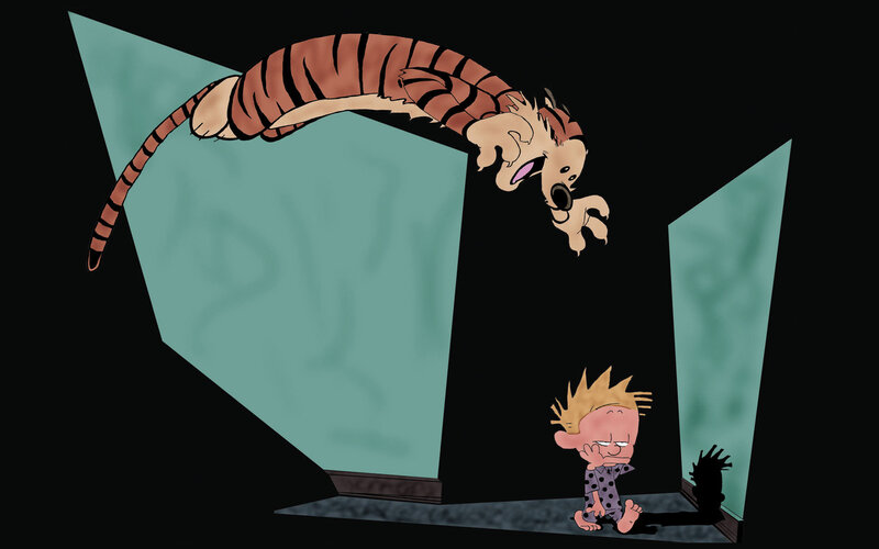 Calvin and Hobbes in a dark room